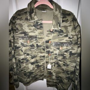 Silver studded distressed camo band jacket